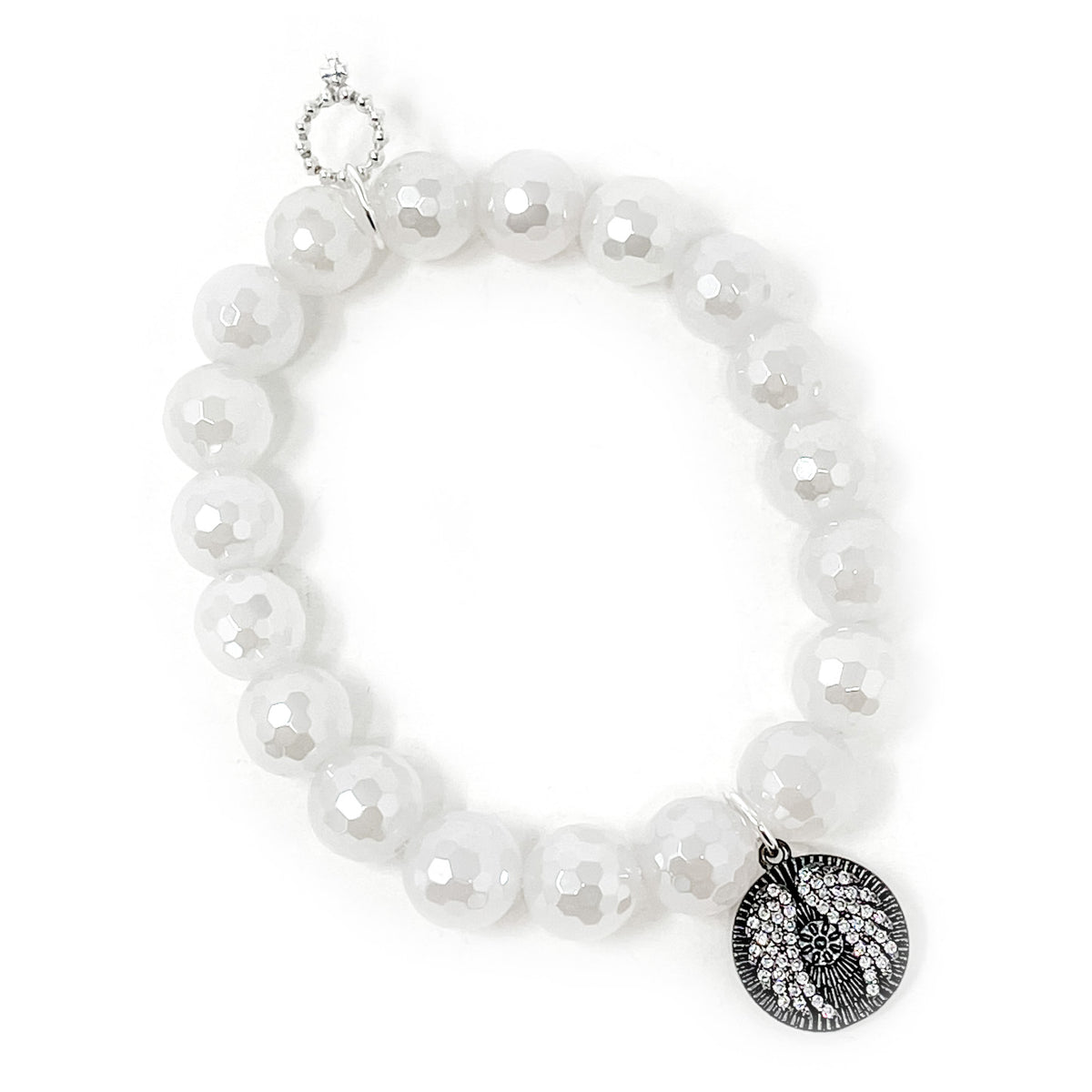 10mm Faceted White Iridescent Jade with Pave Angels Above