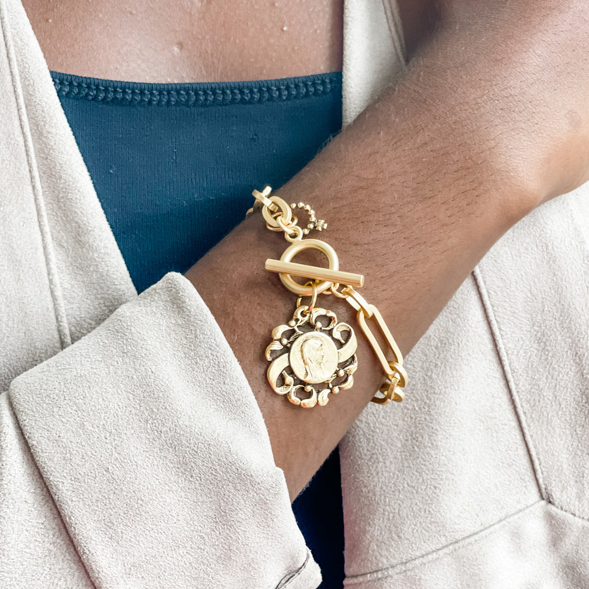 Modern Paperclip Toggle Bracelet featuring a Gold Frilly Mary