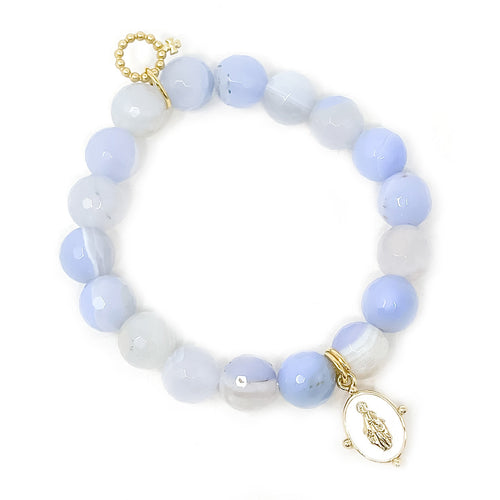 10mm Faceted Ethereal Blue Agate with White Enameled Blessed Mother