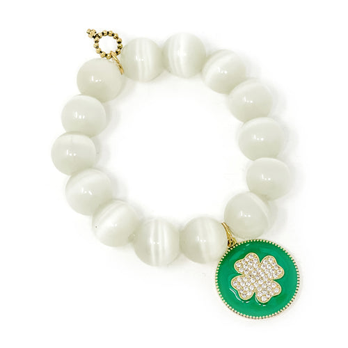 White Calcite with Green Enamel and Pave Clover