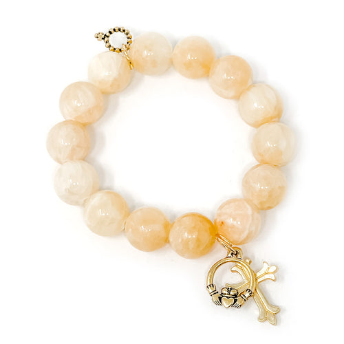 Honeysuckle Agate with Gold Claddagh and Fleur Cross