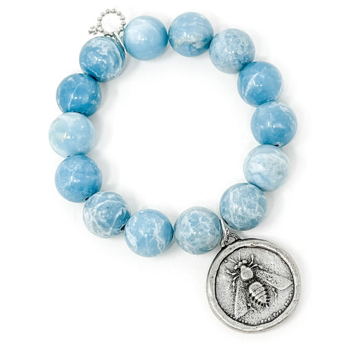 Blessed Mother Blue Agate with Large Antiqued Silver Bee