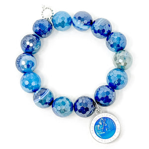 Faceted Iridescent Blue Stripe Agate with Blue Enameled St. Christopher