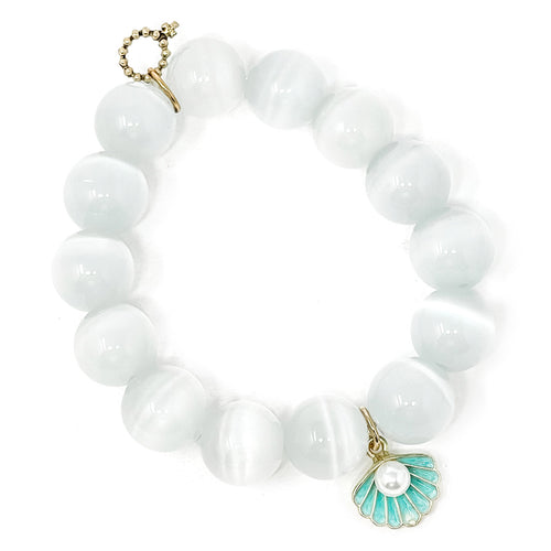 White Calcite with Enameled Clam Shell and Pearl