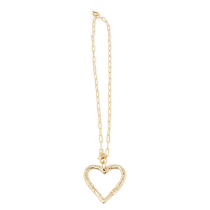 18" Matte Gold Paperclip Necklace with Open Gold Hammered Heart
