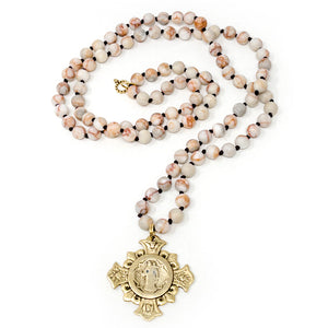 36" Pink Shell Jasper hand tied necklace with large brass Queen of Heaven Cross
