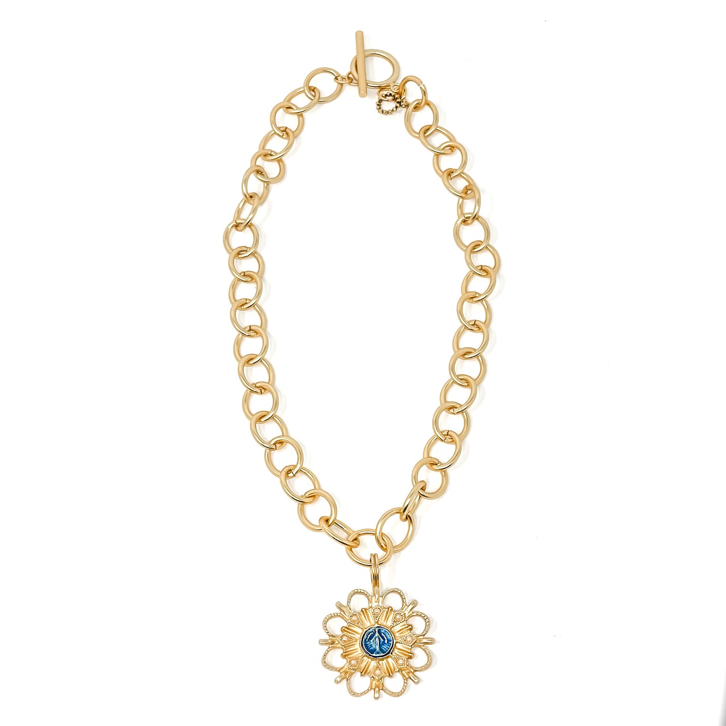 Circle Loop Toggle Necklace featuring Jen's Blue Enameled & Pearl Blessed Mother Medallion