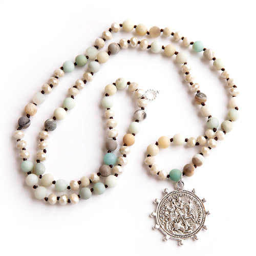 Amazonite and Quartz hand tied necklace with silver Saint George