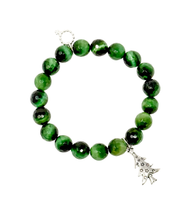 10mm Faceted Evergreen Tiger Eye with Silver Christmas Tree