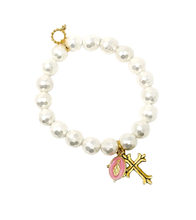 10mm Faceted White Mother of Pearl with Gold Fleur Cross and Pink Blessed Mother