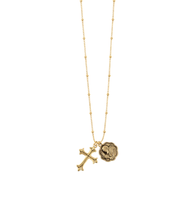 18" Non-Tarnish Beaded Station Chain with St. Padre Pio & Fleur Cross