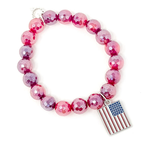 10mm Faceted Iridescent Ruby Red Agate with Enameled USA Flag