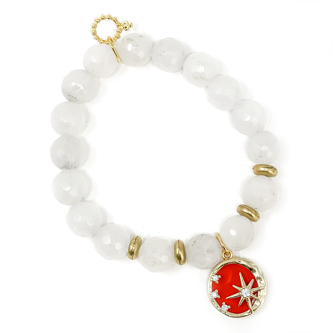 10mm Faceted White Jade with Red Enameled Stars of Honor
