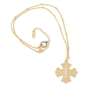 18" Gold Filled Beaded Chain with Mary Fleur Cross Pendant