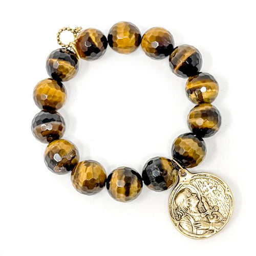 Faceted Tiger Eye with Large Gold Joan of Arc