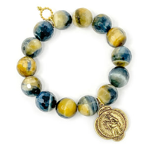 Faceted Caramel Latte Tiger Eye with Gold Scalloped St. Christopher