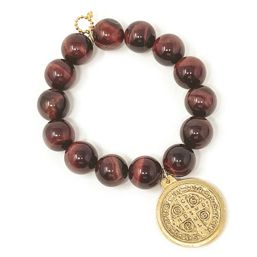 Amaretto Tiger Eye with Large Gold St. Benedict