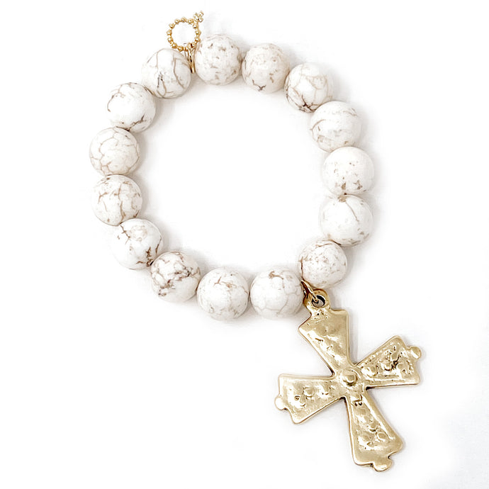 Creamy White Howlite with Large Gold Dotted Cross