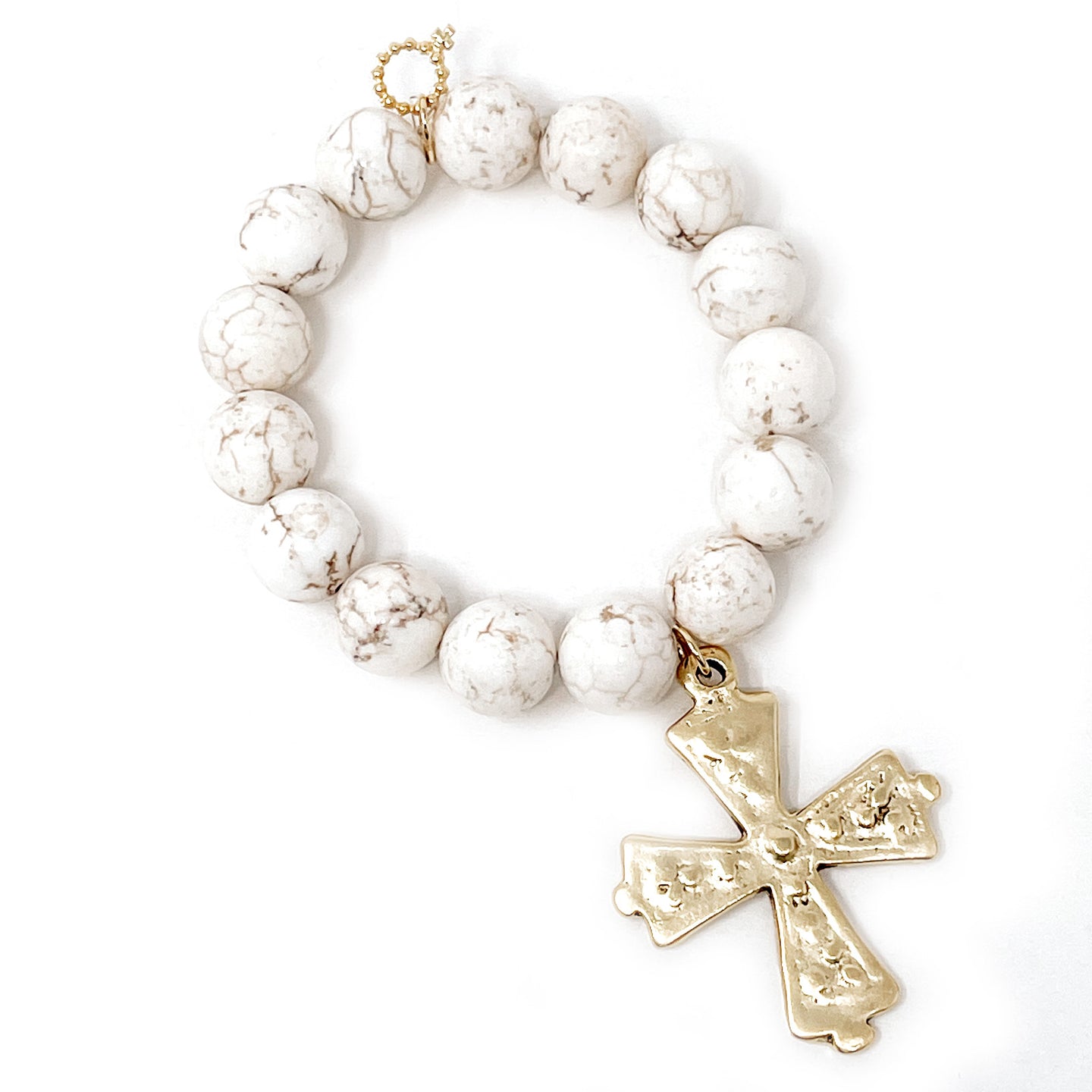 Creamy White Howlite with Large Gold Dotted Cross