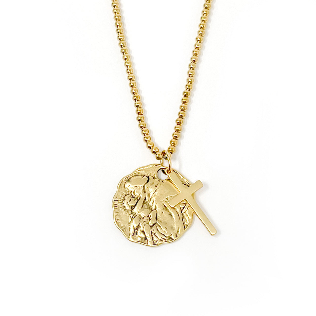 Gold Beaded Chain with Gold Scalloped St. Anthony and Cross