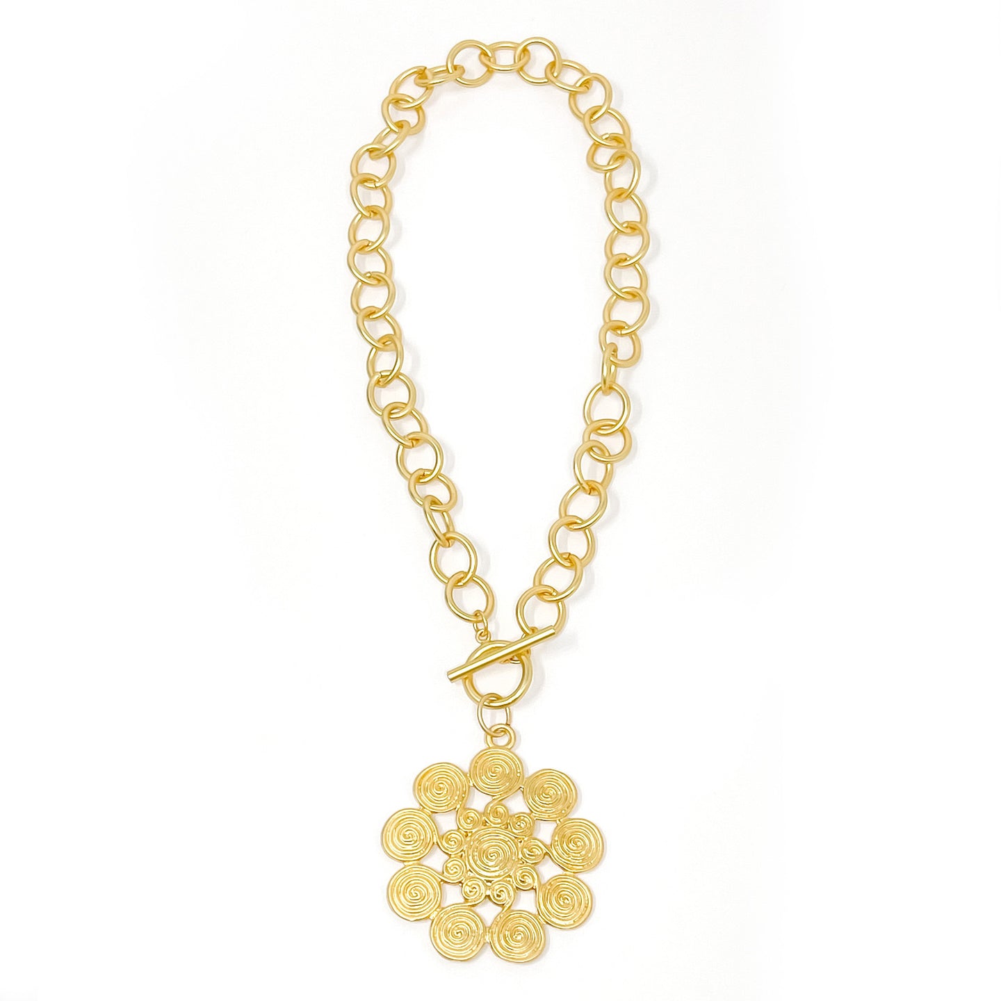 Heirloom Circle Loop Necklace with Matte Gold Spiral Pendant