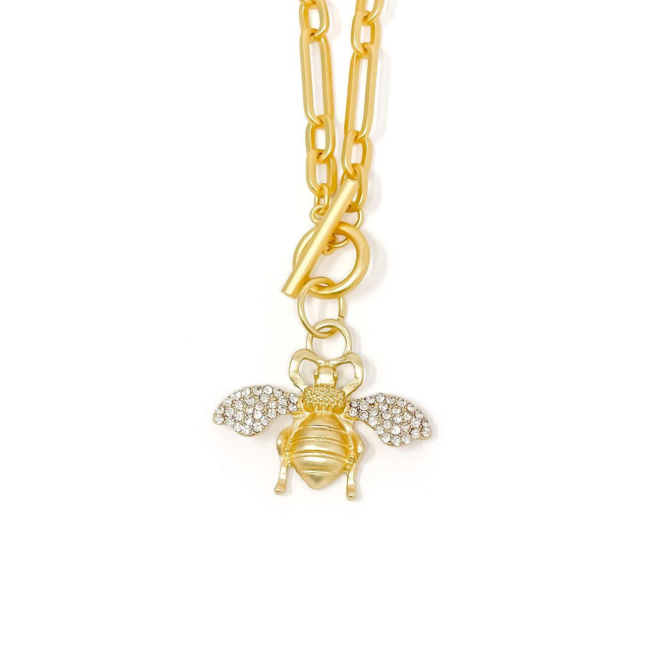 Heirloom Modern Paperclip Necklace with Matte Gold Pave Queen Bee