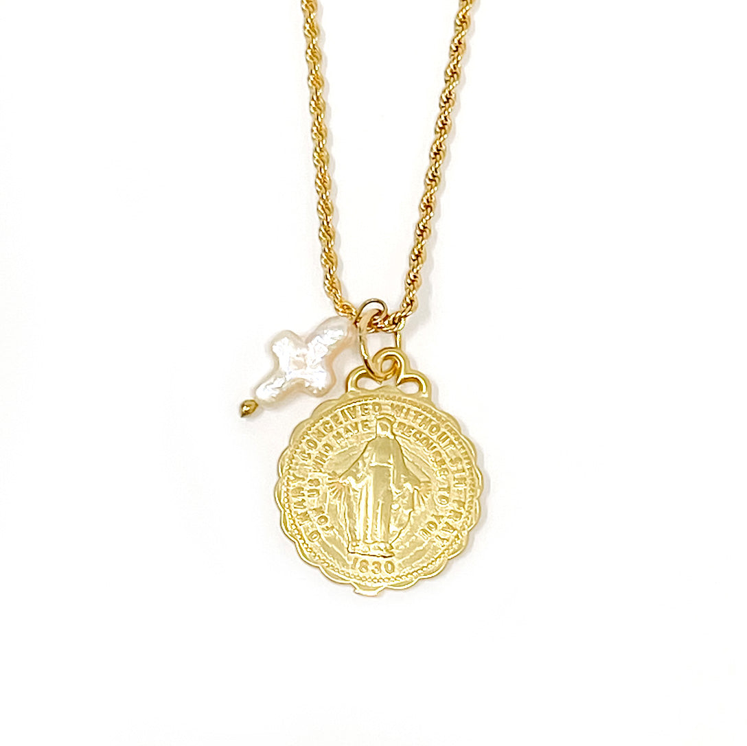 Gold Rope Chain with Gold Ruffle Blessed Mother & Pearl Cross