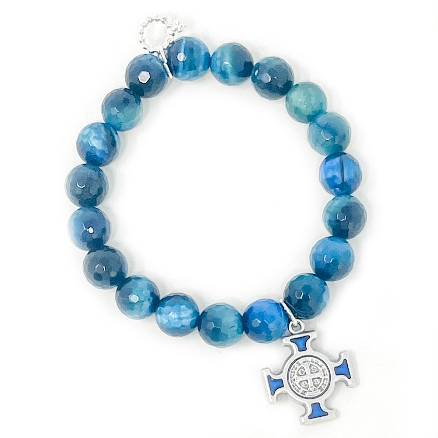 10mm Faceted Admiral Blue Agate with Blue Saint Benedict Cross