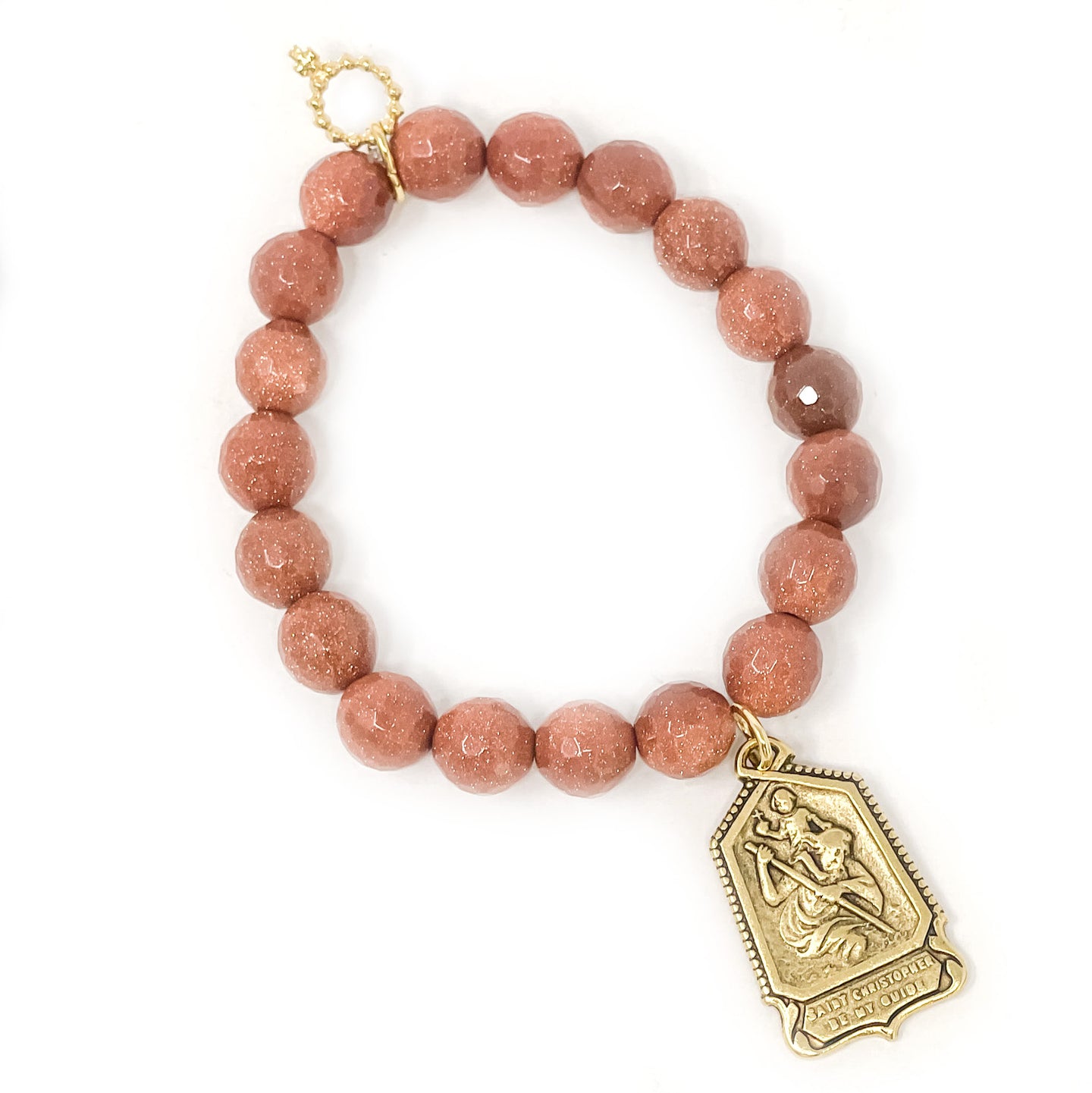 10mm Faceted Amber Goldstone with Gold Saint Christopher