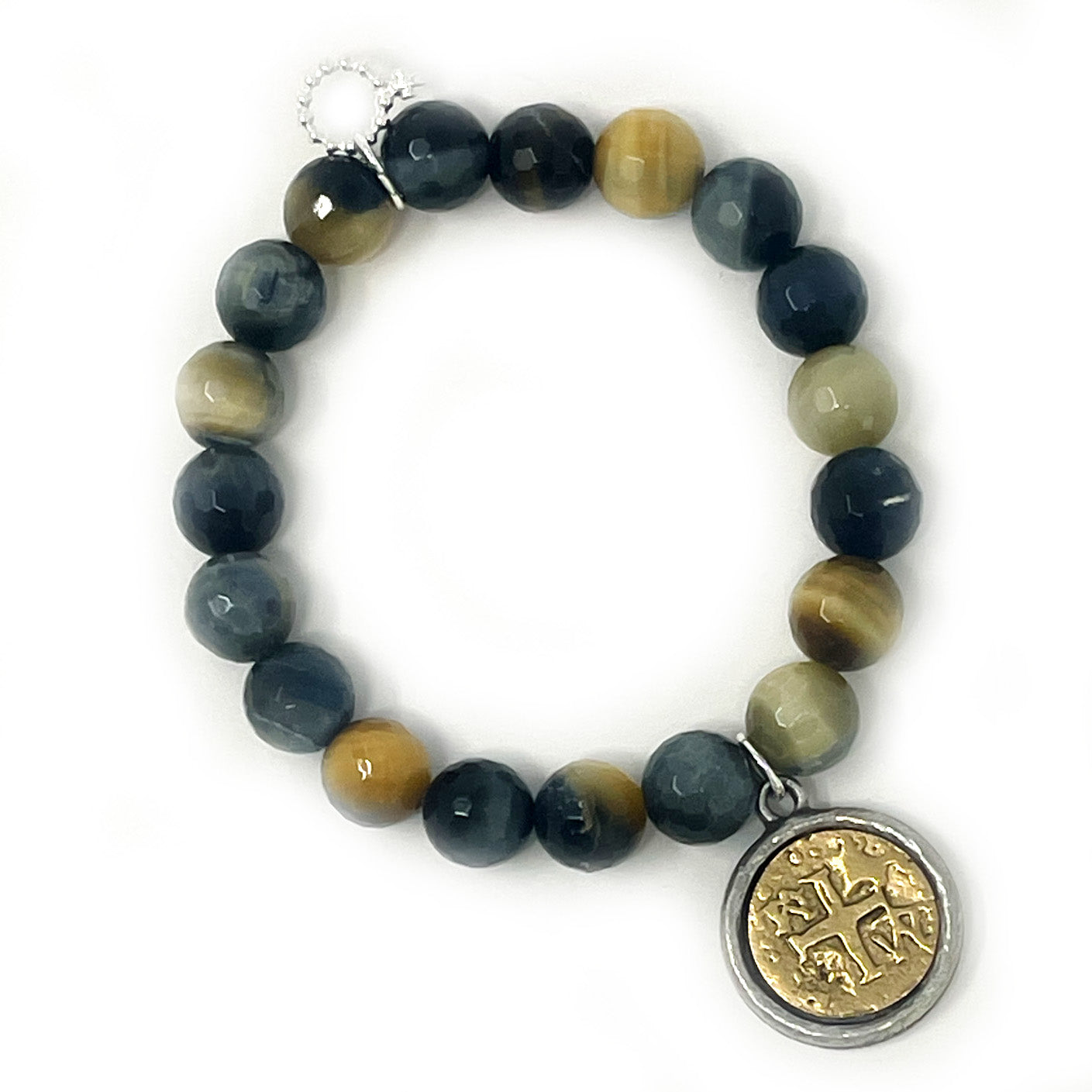 10mm Faceted Caramel Latte Tiger Eye with Two Toned Ancient Coin