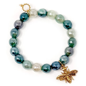 10mm Faceted Iridescent Green Stripe Agate with Gold Queen Bee