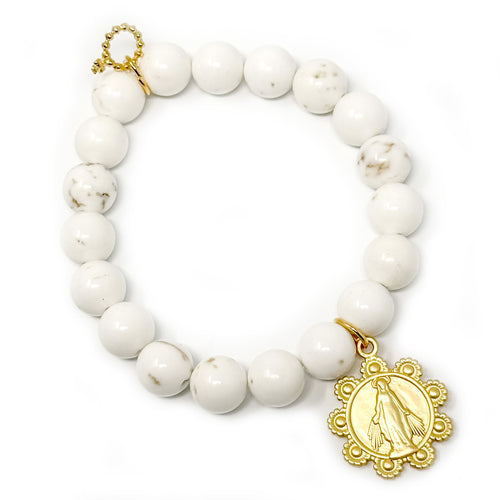 10mm Creamy White Howlite with Gold Scalloped Blessed Mother