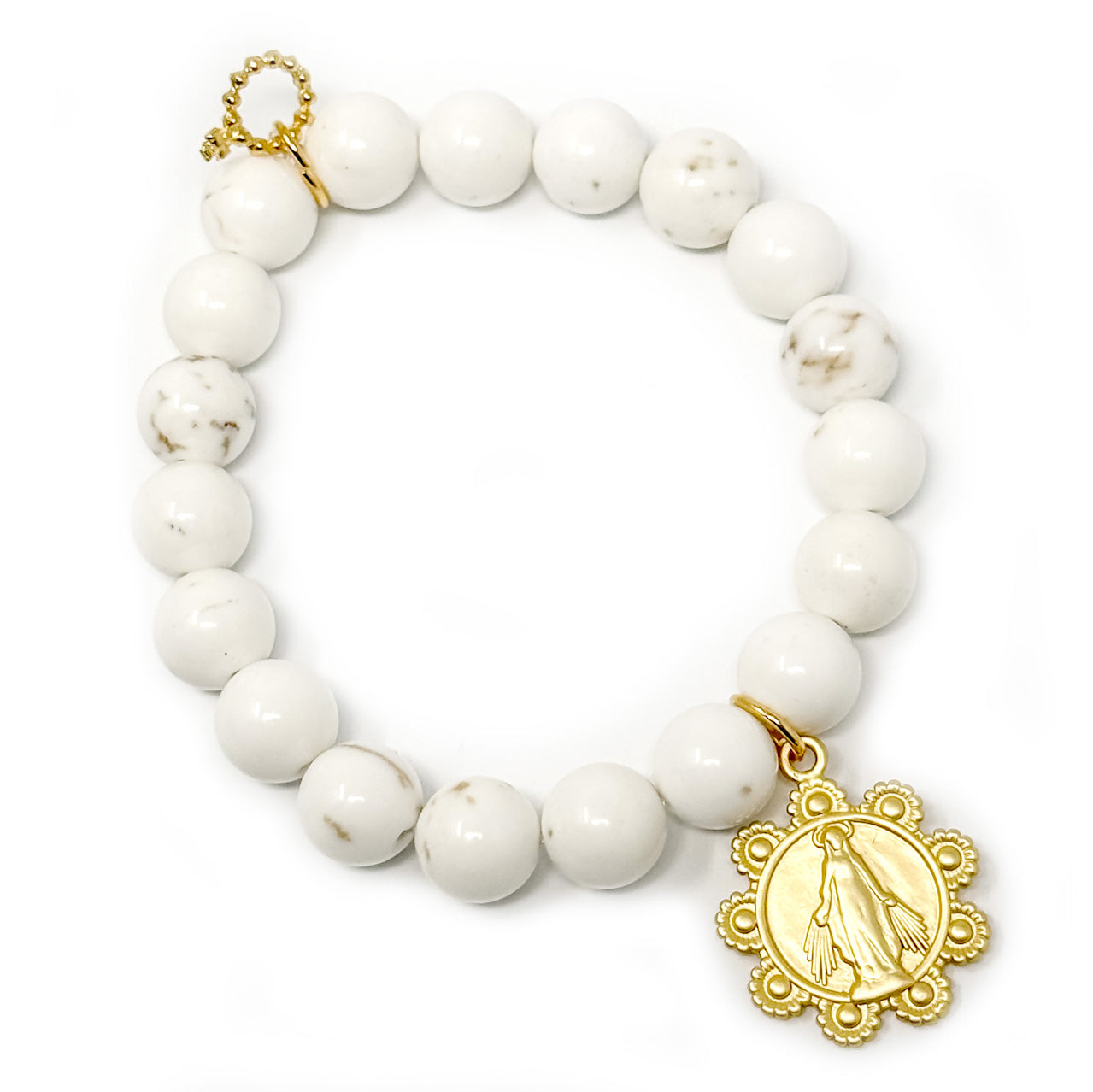 10mm Creamy White Howlite with Gold Scalloped Blessed Mother