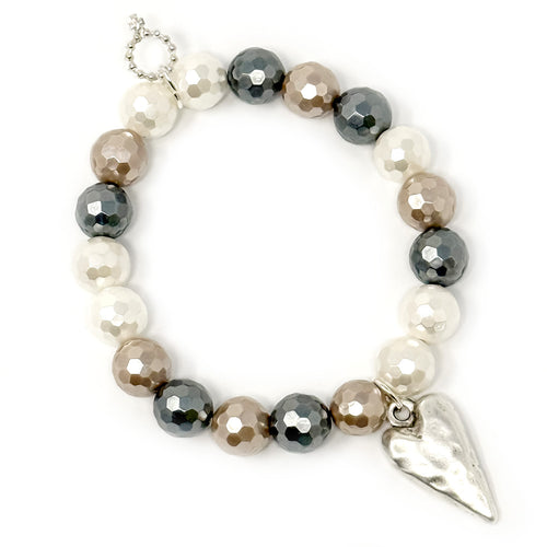 10mm Faceted Mother of Pearl with Silver Artisan Heart