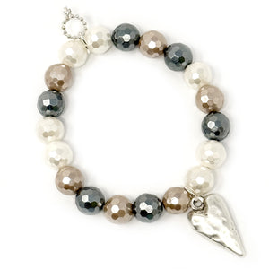 10mm Faceted Mother of Pearl with Silver Artisan Heart