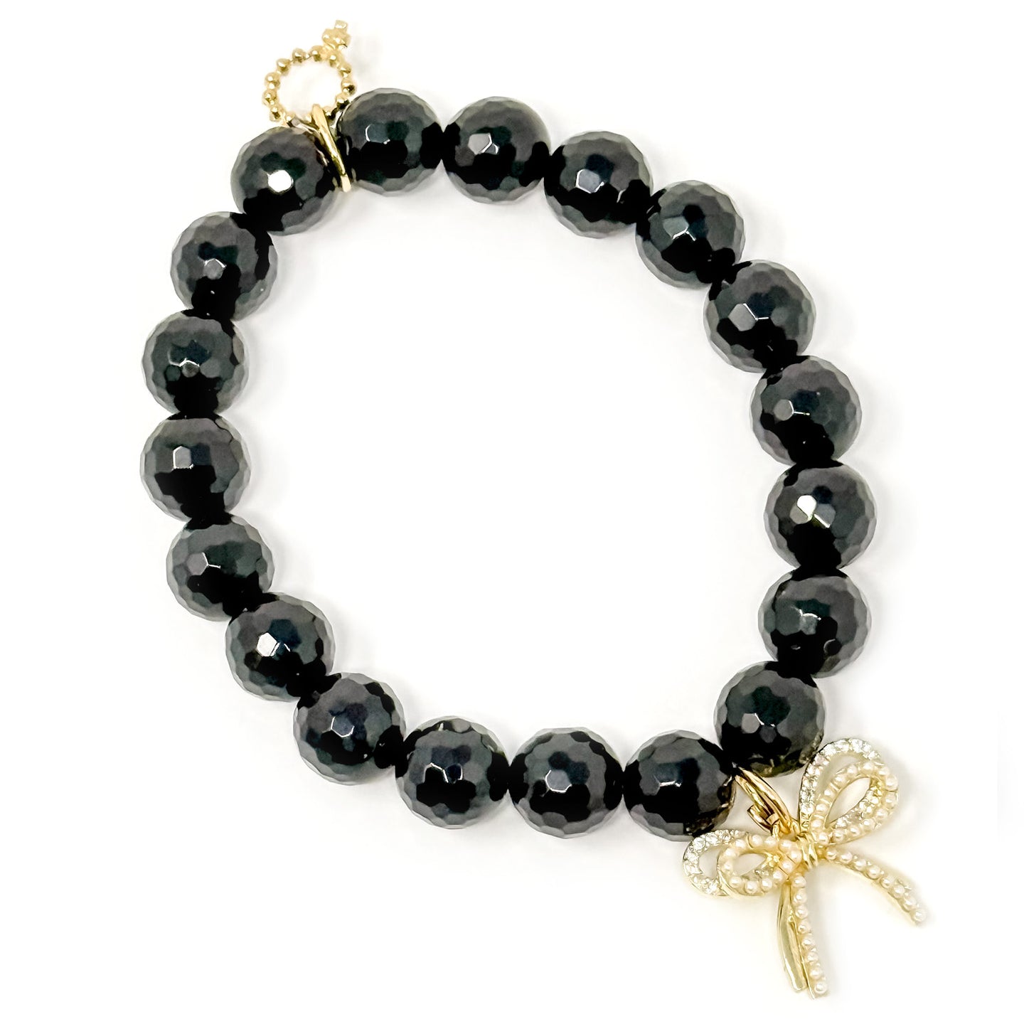 10mm Faceted Black Onyx with Pearl Double Bow