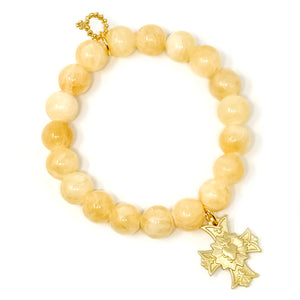 10mm Honeysuckle Agate with Matte Gold Sacred Heart Cross