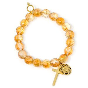 10mm Faceted Iridescent Gilded Gold Quartz with Gold Petite Blessed Mother & Cross