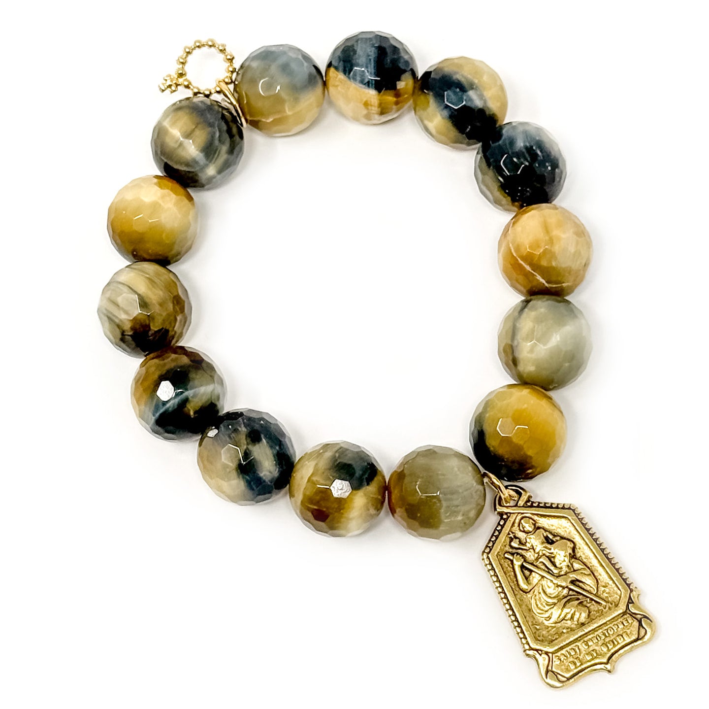 Faceted Caramel Latte Tiger Eye with Gold St. Christopher