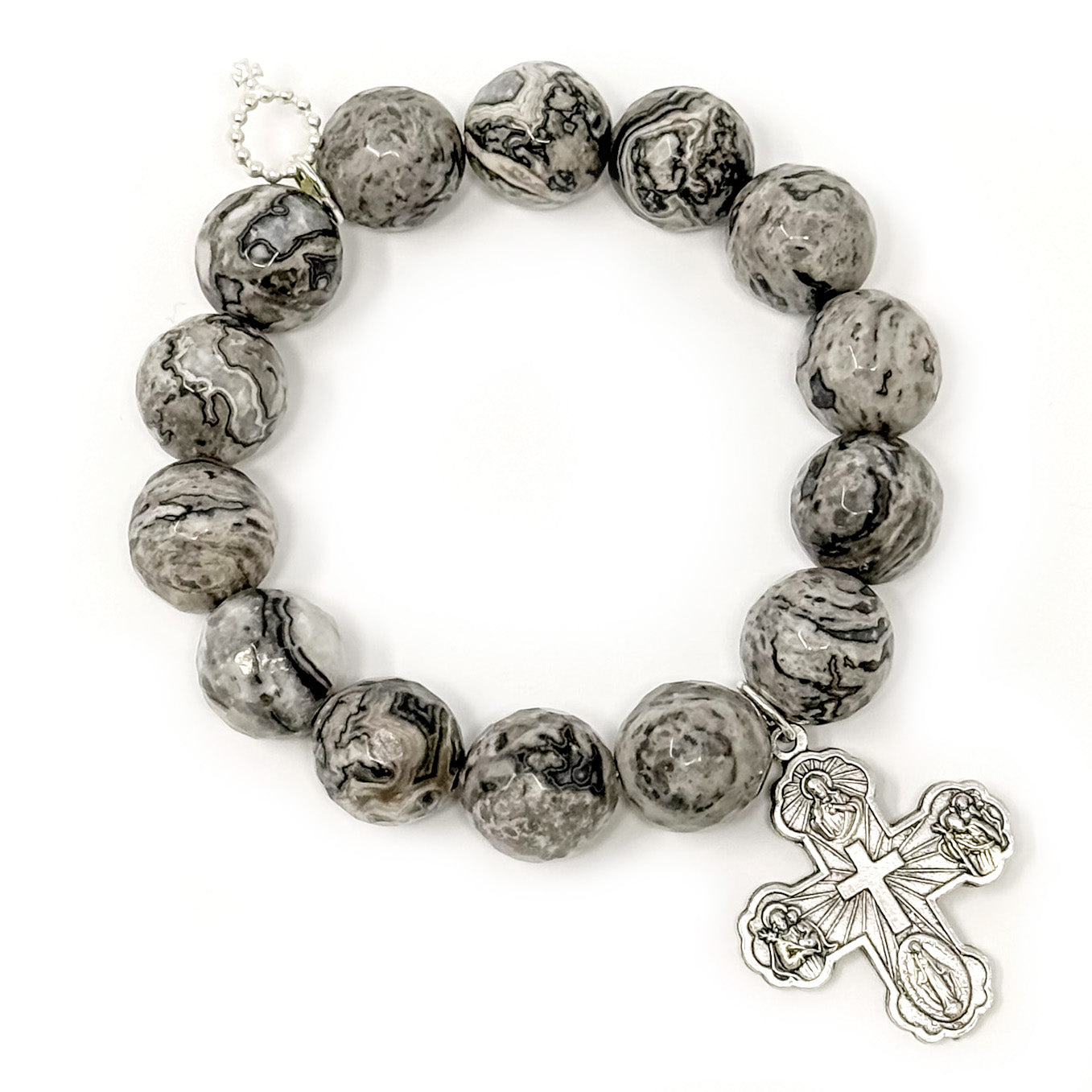 Faceted Silver Leaf Agate with Silver 5-Way Cross