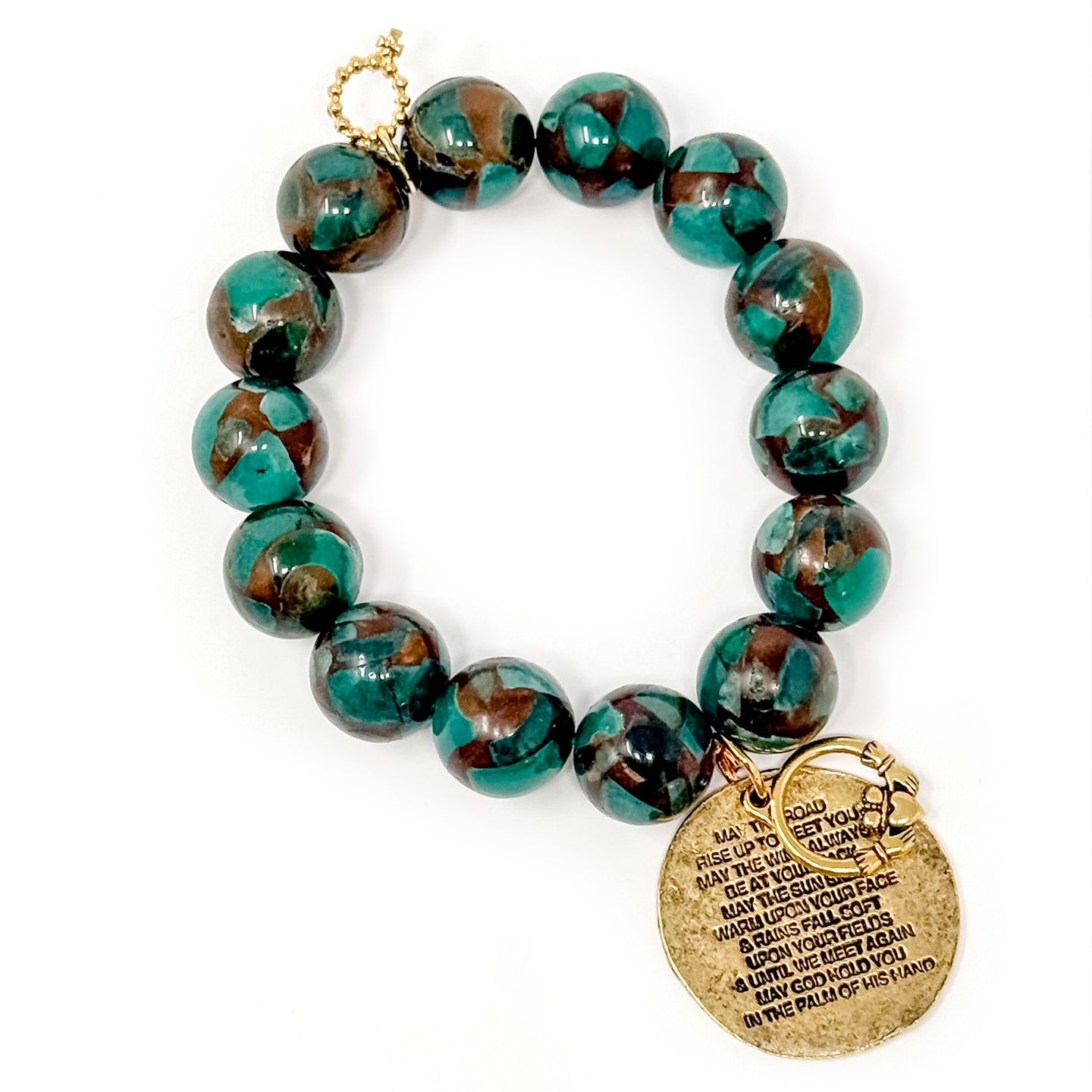 Irish Eyes Jasper with Irish Prayer and Gold Claddagh