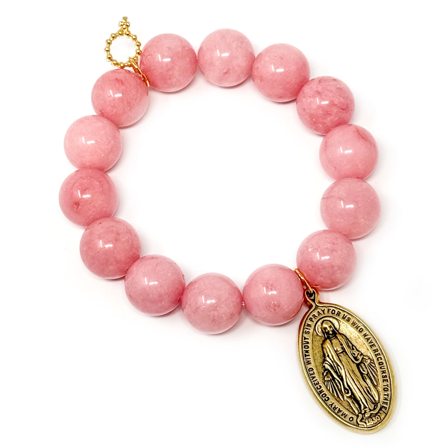 Bubblegum Pink Jade with Large Gold Blessed Mother