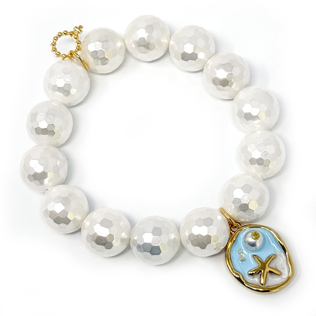 Faceted White Mother of Pearl with Ocean Blue