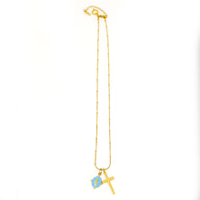 18" Gold Station Chain with Blue Enameled Mary & Cross