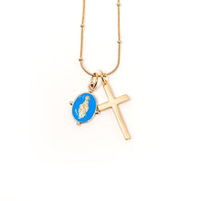 18" Gold Station Chain with Blue Enameled Mary & Cross