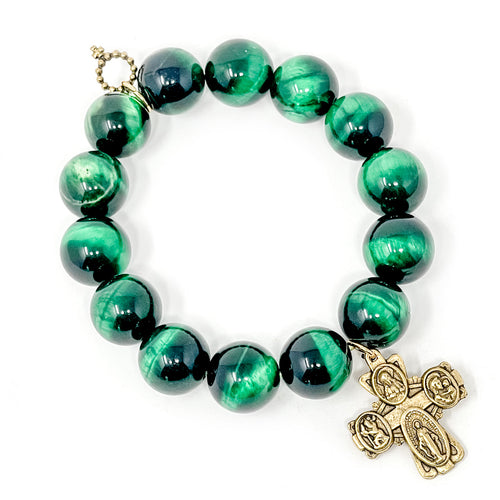 Evergreen Tiger Eye with Jen's Personal Gold 4 Way Cross