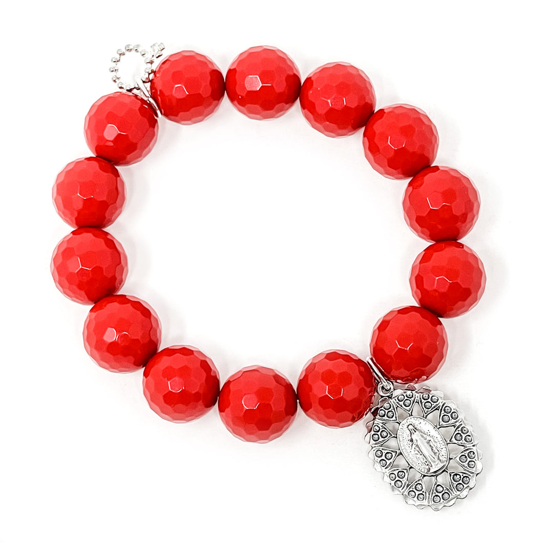Faceted Holiday Red Agate with Silver Heart Surround Blessed Mother