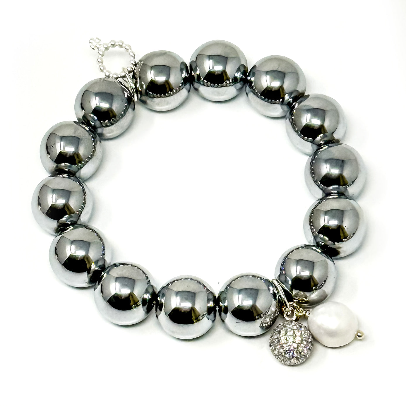 Silver Hematite with Pearl and Pave Droplets