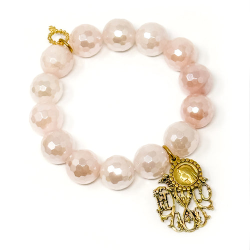 Faceted Iridescent Rose Quartz with Gold Notre Dame & Mary