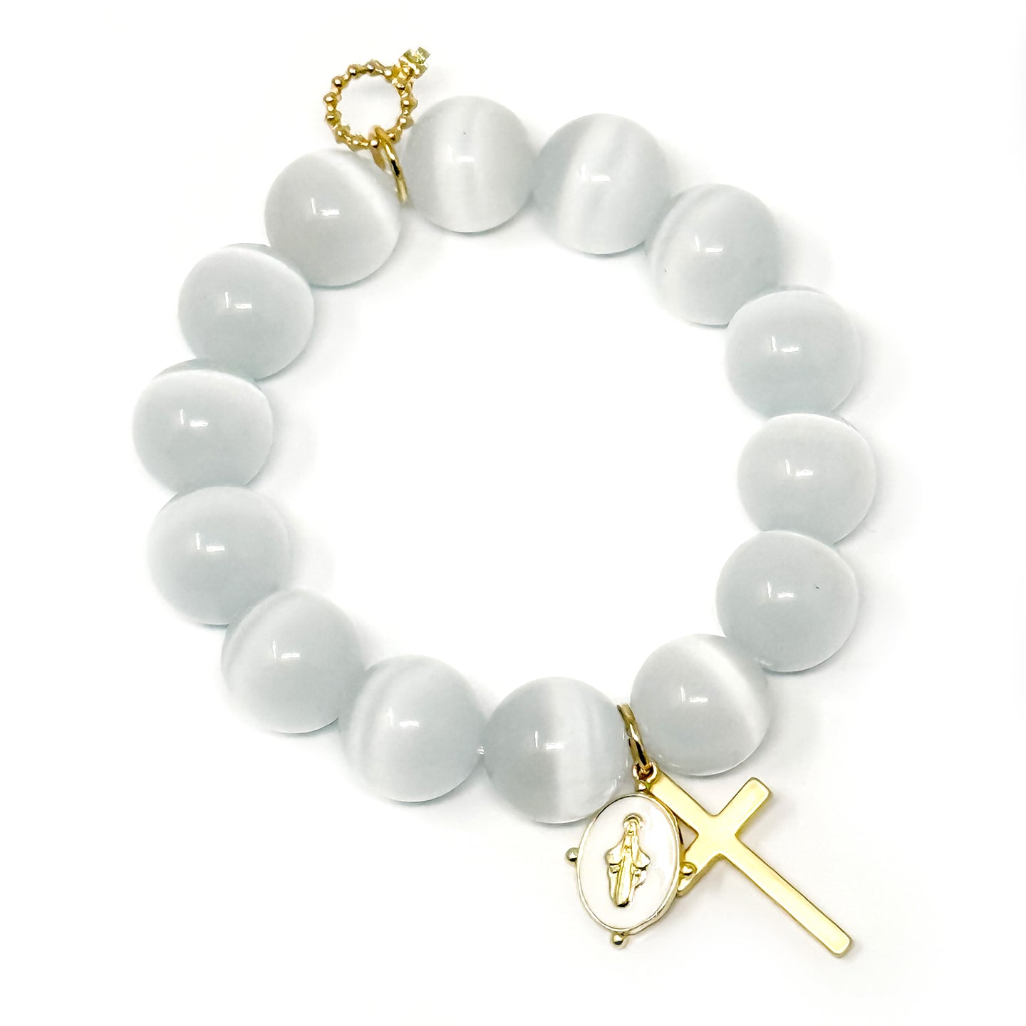 White Calcite with White Enameled Blessed Mother and Cross